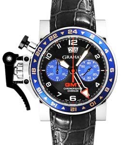 Chronofighter Oversize GMT in Steel on Black Alligator Leather Strap with Black and Blue Dial