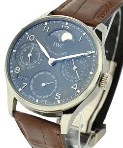 Portuguese Perpetual Calendar in White Gold on Brown Alligator Leather Strap with Grey Dial