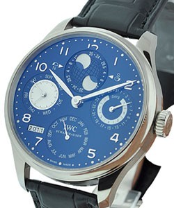 Portuguese Perpetual Calendar in White Gold on Black Leather Strap with Blue Dial