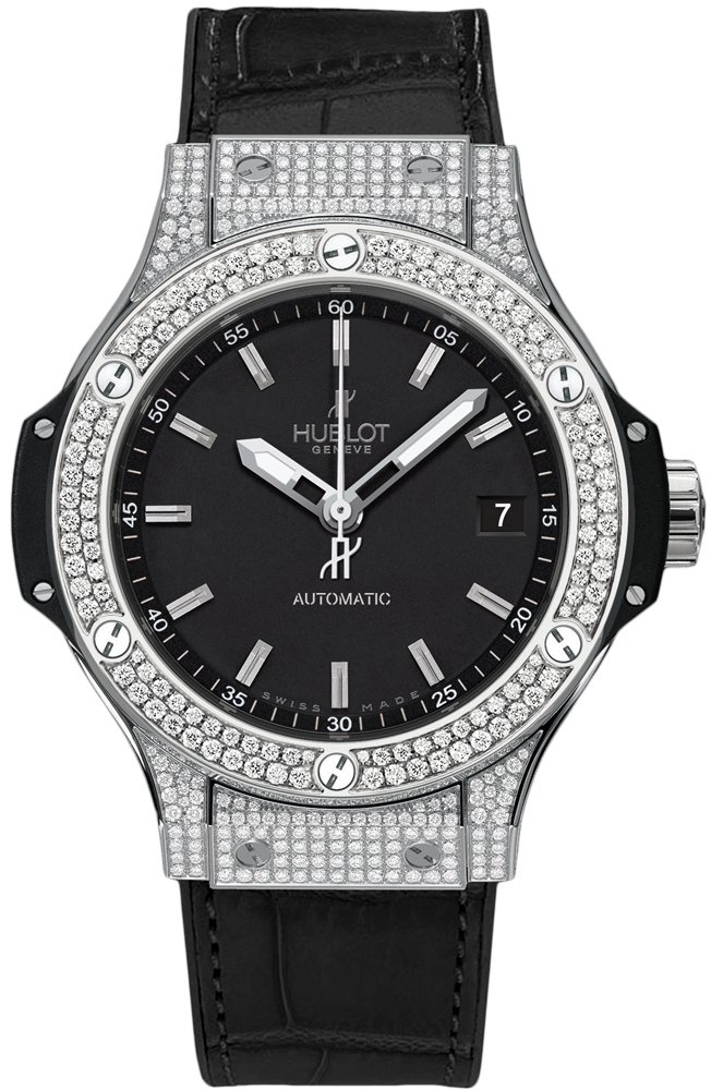 Big Bang 38 mm in Steel with Diamond Bezel on Black Leather Strap with Black Dial