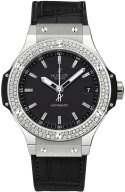 Big Bang 38mm in Steel with Diamond Bezel on Black Leather Strap with Black Dial