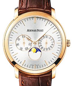 Jules Audemars Moonphase Calendar in Rose Gold on Brown Crocodile Leather Strap with Silver Dial