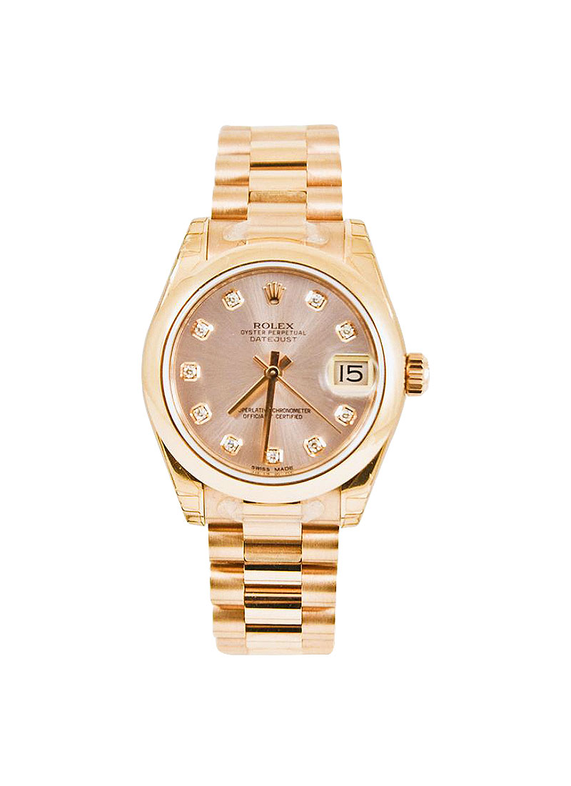 DateJust Mid Size 31mm in Rose Gold with Domed Bezel on President Bracelet with Pink Diamond Dial