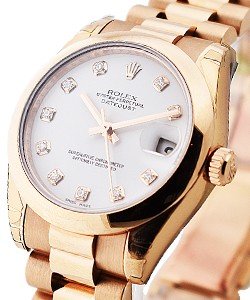 DateJust Mid Size 31mm in Rose Gold with Domed Bezel on Rose Gold President  Bracelet with White Diamond Dial