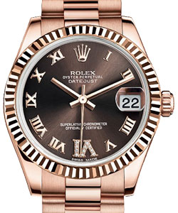Datejust 31mm Mid Size in Rose Gold with Fluted Bezel on President Bracelet with Chocolate Roman Dial with Diamond IV