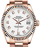 DateJust Mid Size in Rose Gold with Fluted Bezel on Rose Gold President  Bracelet with White Diamond Dial
