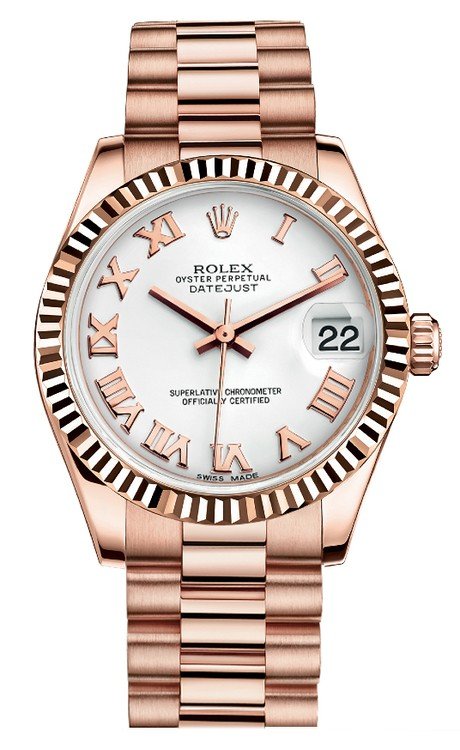 DateJust Mid Size in Rose Gold President with Fluted Bezel on Rose Gold President  Bracelet with White Roman Dial