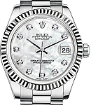 Mid Size 31mm President in White Gold with Fluted Bezel on Bracelet with MOP Diamond Dial