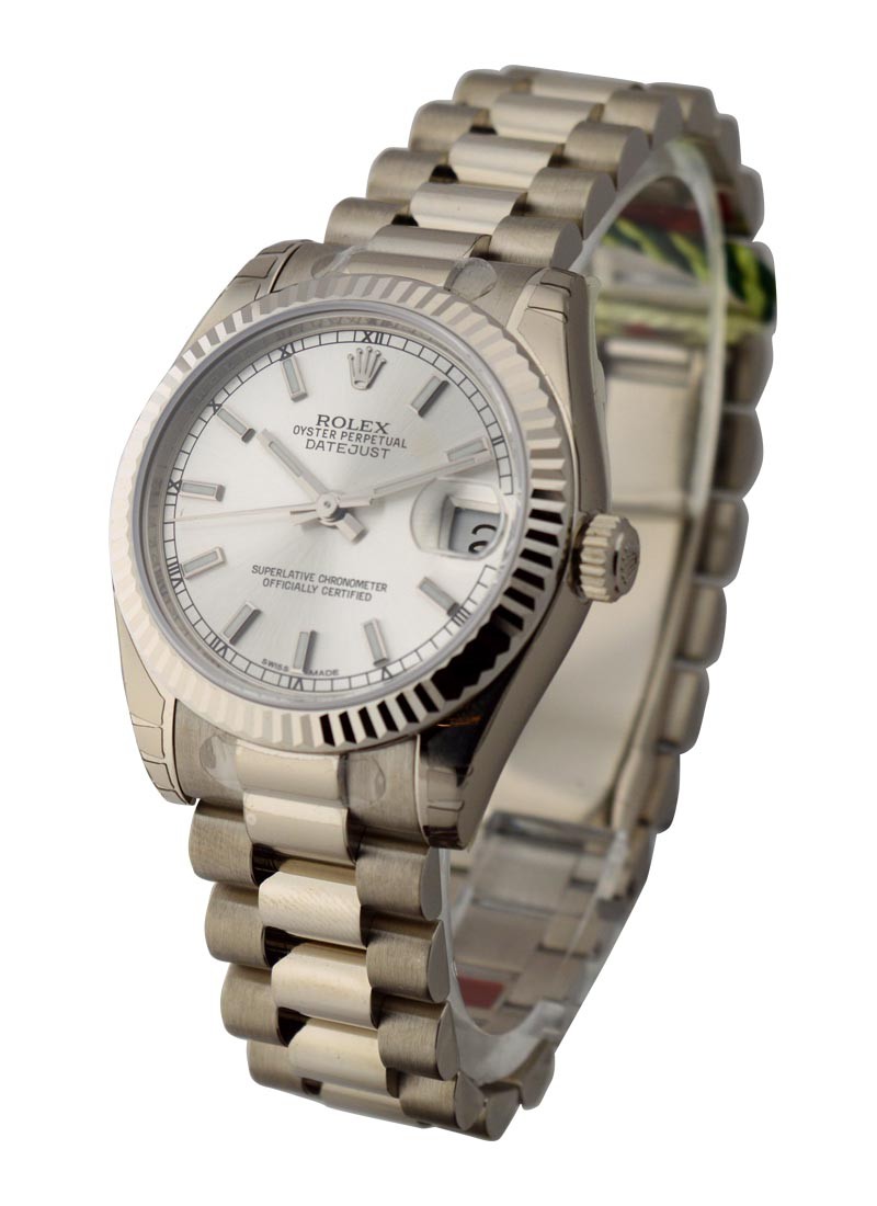 Rolex Unworn Mid Size President in White Gold with Fluted Bezel