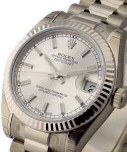 Mid Size President in White Gold with Fluted Bezel White Gold - President Bracelet - Silver Stick Dial