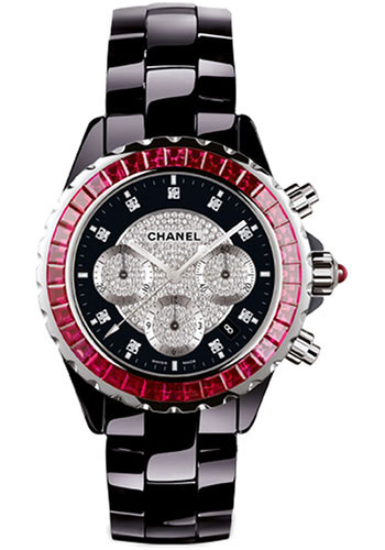 J12 Joaillerie 41mm Automatic in Black Ceramic with Ruby Bezel on Black Ceramic Bracelet with Pave Diamonds Dial