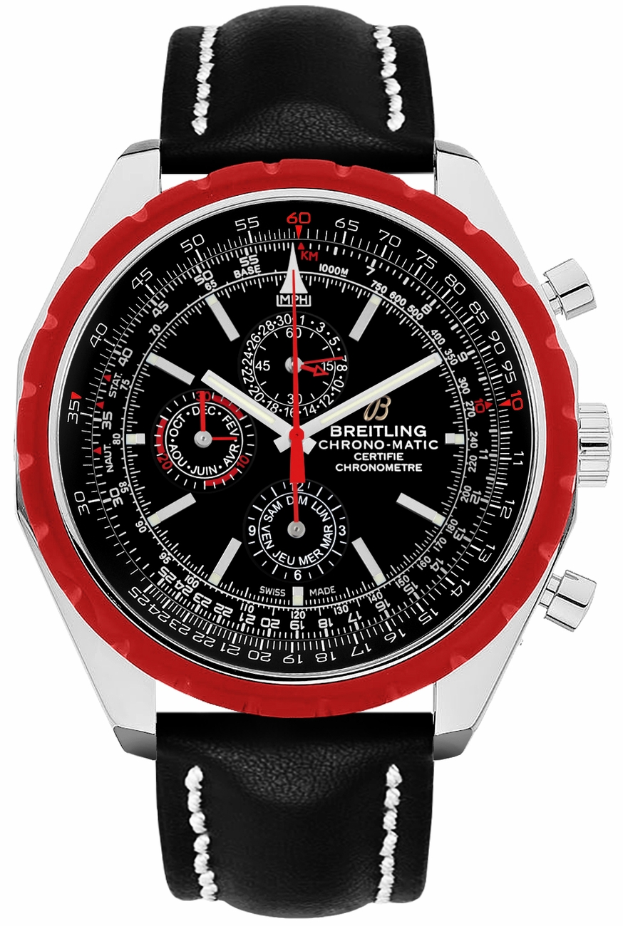 Chronomatic 1461 Men's Automatic in Steel Steel on Black Leather Strap - Black Dial and Red Bezel