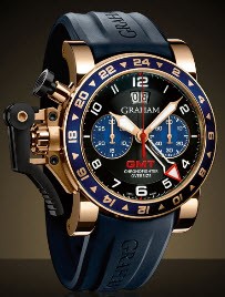 Chronofighter Oversize GMT Men's Automatic in Rose Gold on Blue Rubber Strap with Black and Blue Subdials Dial