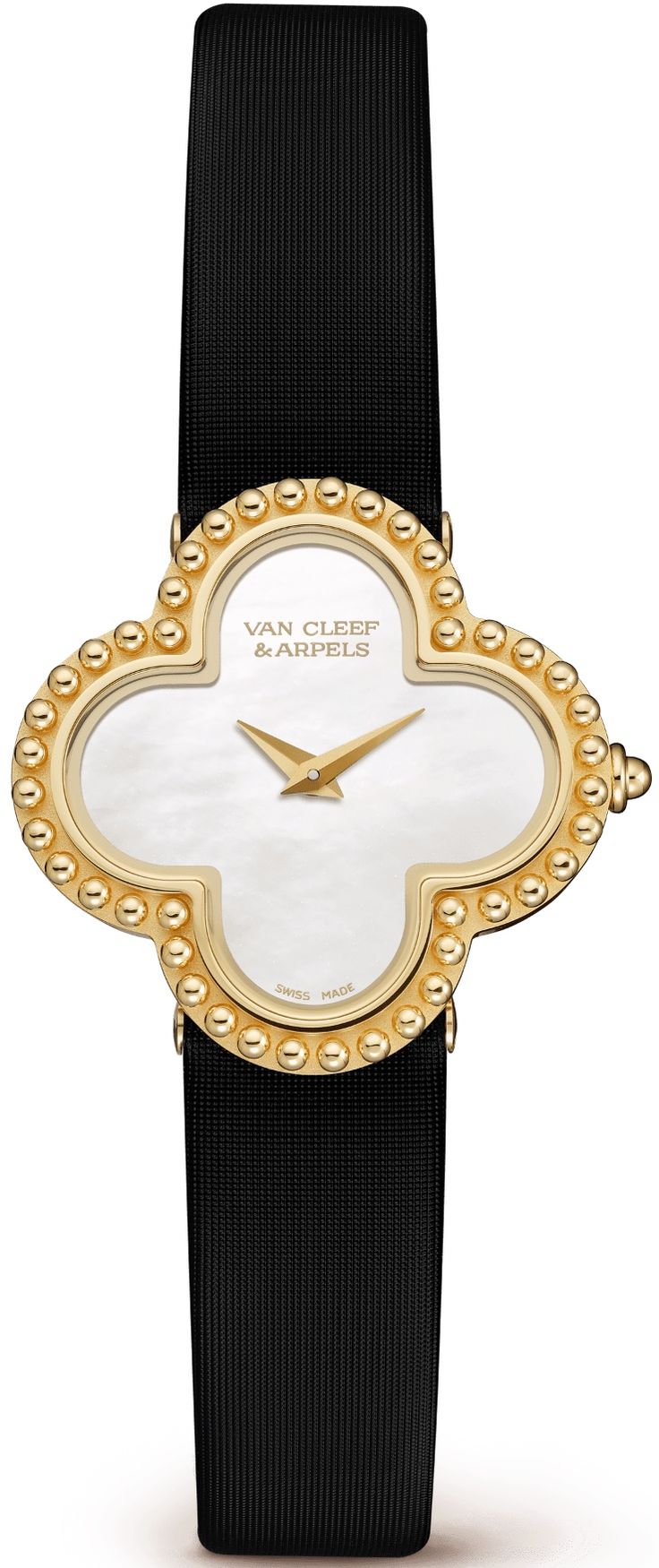 Alhambra 26mm Women's Quartz in Yellow Gold with Diamond Bezel on Black Satin Strap with MOP Dial