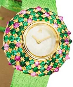 Ouni in Yellow Gold with Diamonds and Gems on Green Satin Strap with MOP Dial
