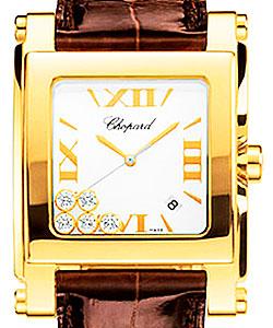 Happy Sport II Square Ladies Quartz in Yellow Gold on Brown Crocodile Leather Strap with White Roman Dial-5 Floating Diamonds
