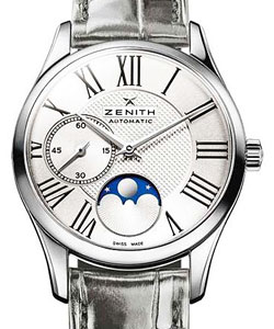 Elite Lady Ultra Thin Moonphase in Steel on Grey Leather Strap with Silver Guilloche Dial