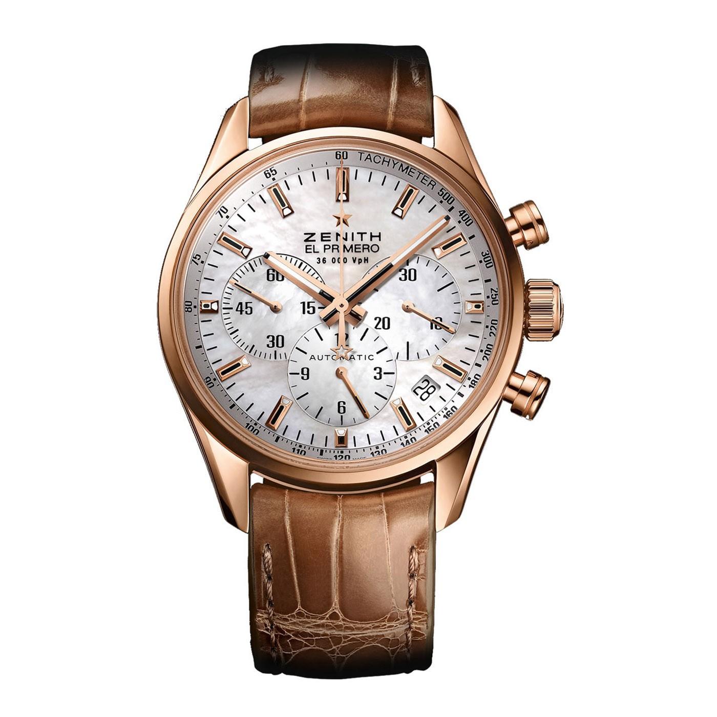 El Primero Lady 36'000 VPH in Rose Gold on Brown Alligator Leather Strap with MOP Dial