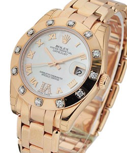 Masterpiece Midsize in Rose Gold with 12 Diamond Bezel on Pearlmaster Bracelet with White MOP Roman Diamond Dial