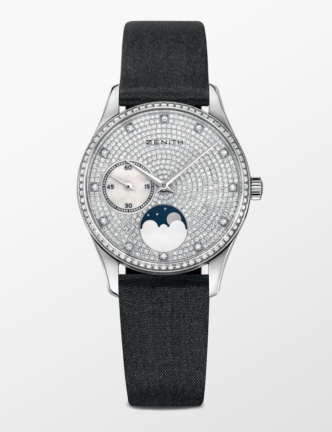 Elite Lady Ultra Thin Moonphase in White Gold with Diamond Bezel on Black Satin Strap with Pave Diamond Dial