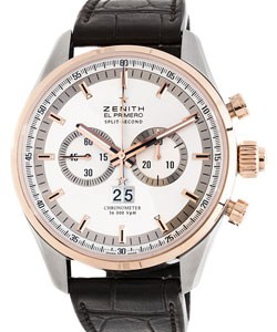 El Primero Rattrapante in Stainless Steel with Rose Gold Bezel on Brown Alligator Leather Strap with Silver Dial