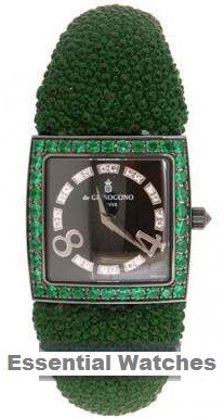 Piccolina 27.9mm Quartz in White Gold, PVD with Emeralds Bezel on Green Galuchat Strap with Black Dial