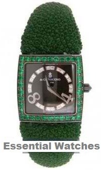 Piccolina 27.9mm Quartz in White Gold, PVD with Emeralds Bezel on Green Galuchat Strap with Black Dial
