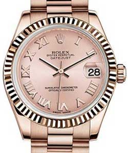DateJust Mid Size in Rose Gold with Fluted Bezel on Rose Gold President  Bracelet with Pink Roman Dial