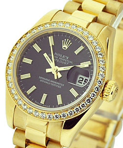 President Lady in Yellow Gold with Diamond Bezel On President Bracelet with Black Stick Dial