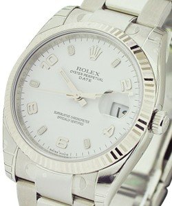 34mm Date in Steel with Fluted Bezel on Steel Oyster Bracelet with White Arabic Dial