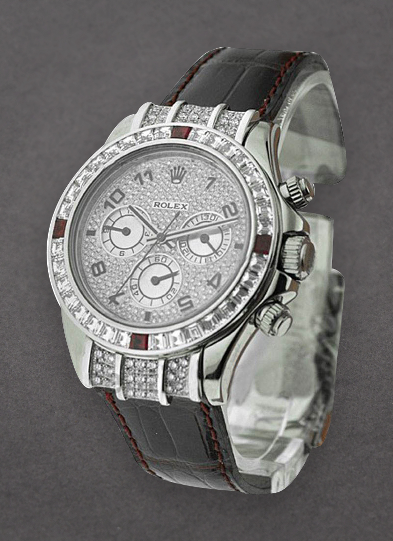 Pre-Owned Rolex Daytona in White Gold with Custom Square Cut Diamond and Ruby Bezel  