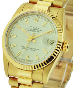 Midsize  President 31mm Yellow Gold with Fluted Bezel on President Bracelet with White Jubilee Stick Dial