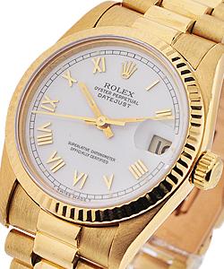 Datejust 31mm Mid Size in Yellow Gold with Fluted Bezel on President Bracelet with White Roman Dial