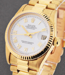 Datejust 31mm Mid Size in Yellow Gold with Fluted Bezel on President Bracelet with White Roman Dial