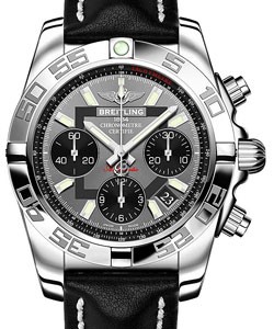 Chronomat 41 Men's Chronograph in Steel On Black Leather Strap with Grey Dial - Black Subdials