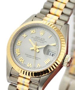Ladies President Tridor in White Gold with Yellow Gold Fluted Bezel on Tridor President Bracelet with with Rhodium Roman Dial