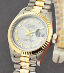 Ladies President Tridor in White Gold with Yellow Gold Fluted Bezel on Tridor President Bracelet with with Rhodium Roman Dial