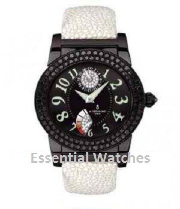 Tondo 38.5mm Automatic in White Gold, PVD with Black Diamonds Bezel on White Galuchat Strap with Black Dial