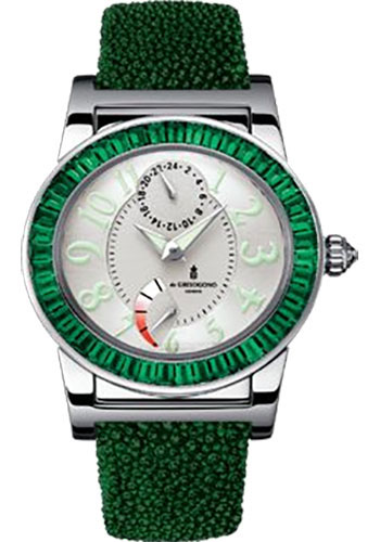 Tondo 38.5mm Automatic in White Gold with Green Baguette Diamonds Bezel on Green Galuchat Strap with White Dial