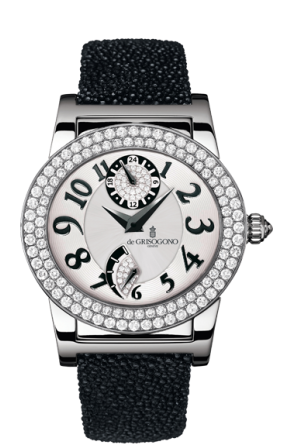 Tondo 38.5mm Automatic in White Gold with 2-Row Diamonds Bezel on Black Galuchat Strap with Silver Guilloche Dial