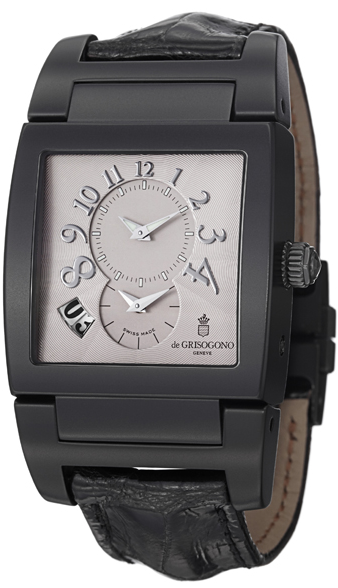 Uno Dual Time 33mm Automatic in PVD and Stainless Steel on Black Alligator Leather Strap with Silver Dial
