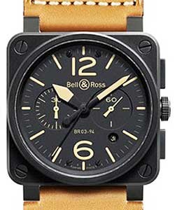 BR 03-94 Heritage Chronograph in Carbon Coated Steel on Tan Leather Strap with Black Dial