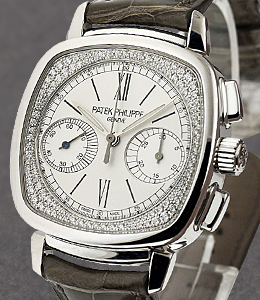 7071G Lady's First Chronograph with Diamond Flange Dial  White Gold on Strap with White Opaline Dial