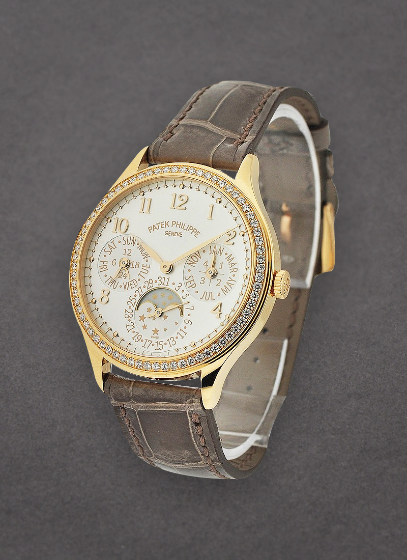 Perpetual Calendar Ref 7140R 001 in Rose Gold with Diamond Bezel on Grey Alligator Leather Strap with White Dial 7140R 001