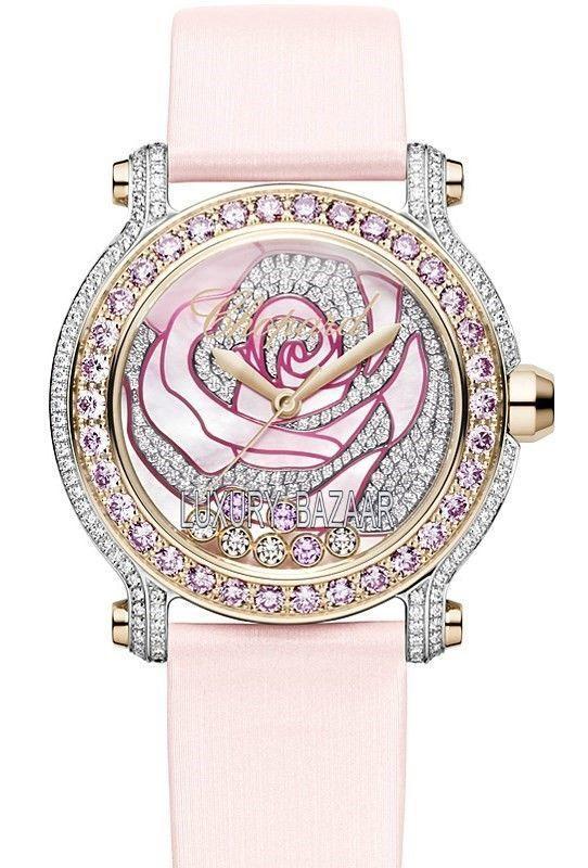 Happy Sport Round in White Gold with Diamond Bezel  on Pink Satin Strap with MOP Diamond Dial - Limited Edition 25pcs