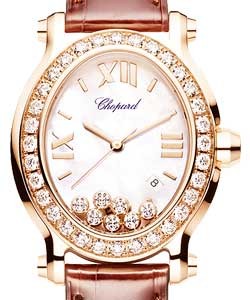 Happy Sport Oval Quartz in Rose Gold with Diamond Bezel on Brown Leather Strap with MOP Dial