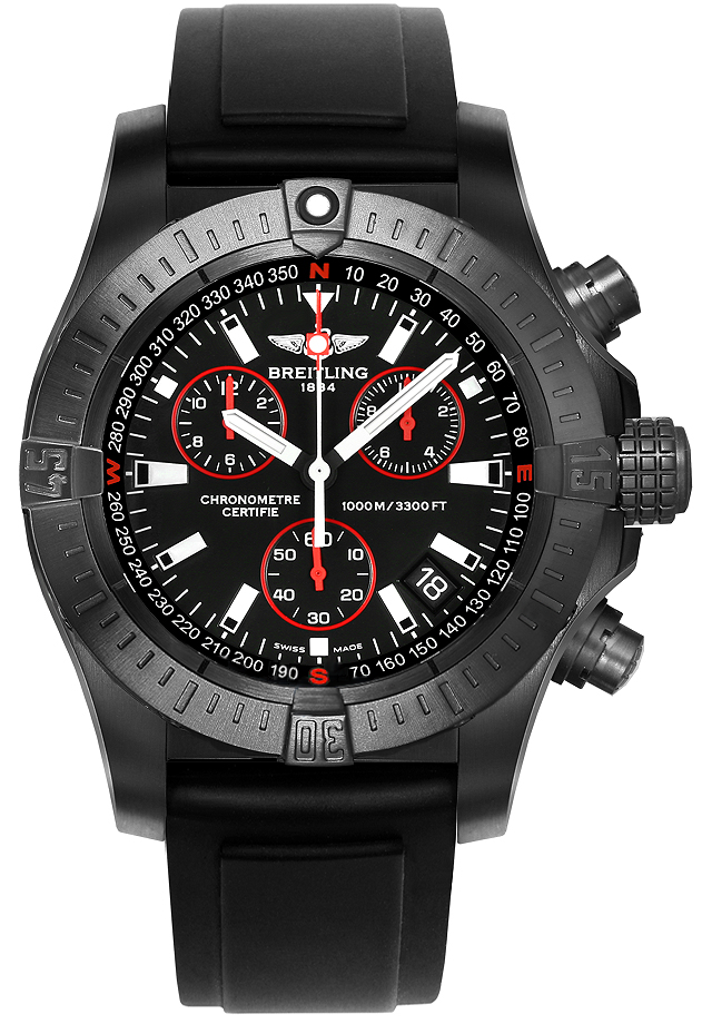 Avenger Seawolf Chronograph in Black Steel On Black Rubber Strap with Black Dial - Red Accents