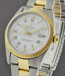 Date 34mm in Steel with Yellow Gold Fluted Bezel on Oyster Bracelet with White Roman Dial