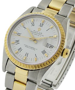 Date 34mm in Steel with Yellow Gold Fluted Bezel on Oyster Bracelet with White Roman Dial