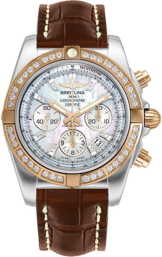 Windrider Chronomat B01 Chronograph in 2-Tone - Diamond on Brown Crocodile Strap with White MOP Diamond Dial